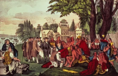 William Penns traktat med indianerne, da han grundlagde provinsen Pennsylvania, 1661, pub. af Currier und Ives